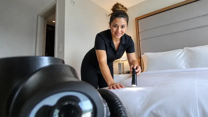 Housekeeper inspecting a bed with a flashlight in front of a camera