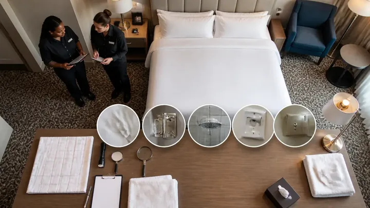 Overhead room photo with five circular inspection detail insets and tools